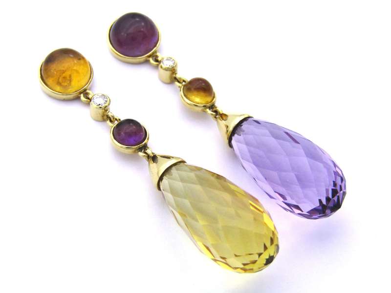 18K gold amethyst, citrine, and diamond drop earrings by Jack Friedman.