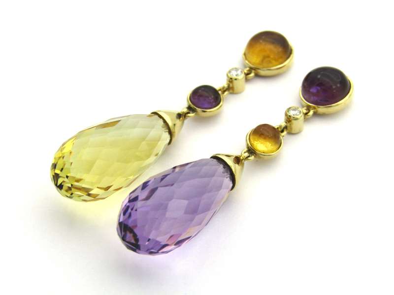 18K gold amethyst, citrine, and diamond drop earrings by Jack Friedman.