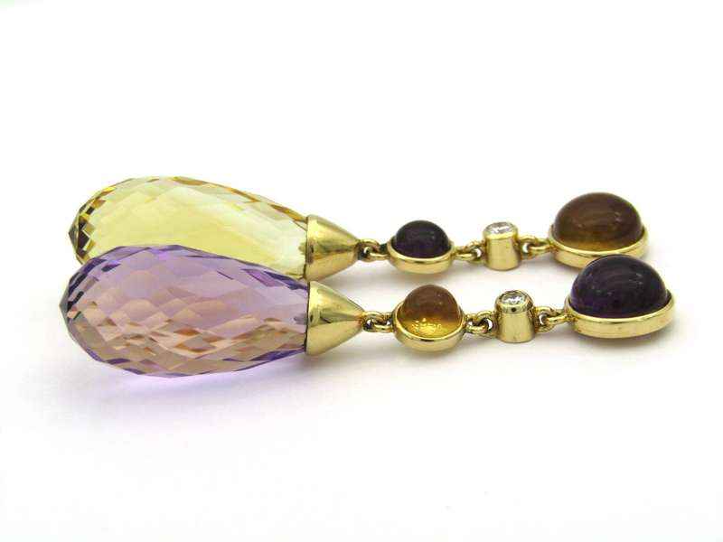 18K gold amethyst, citrine, and diamond drop earrings by Jack Friedman.