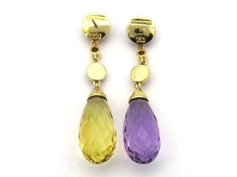 18K gold amethyst, citrine, and diamond drop earrings by Jack Friedman.