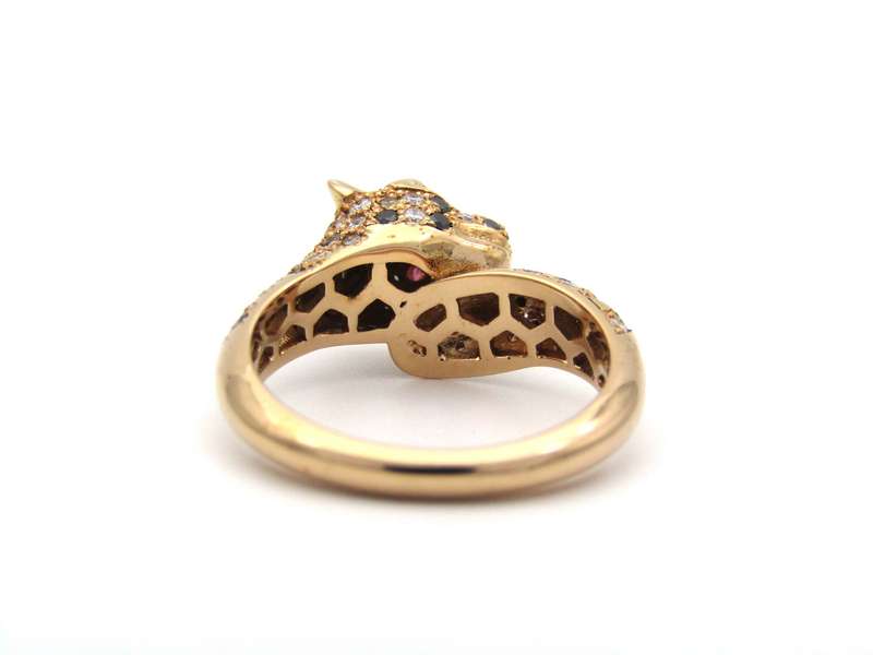 18K gold ruby and diamond leopard ring.