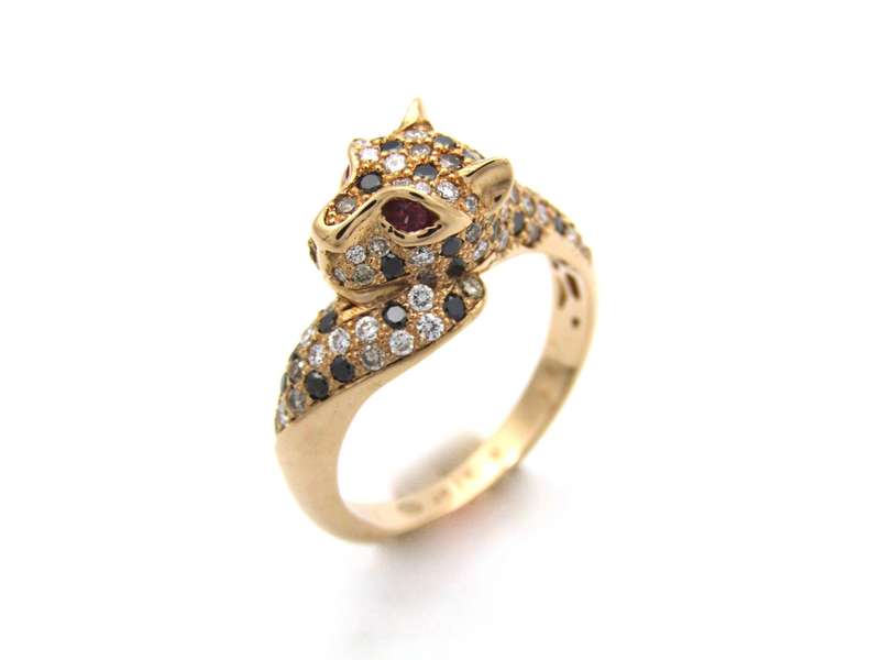 18K gold ruby and diamond leopard ring.