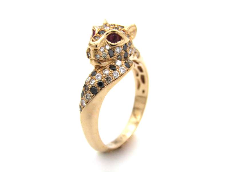 18K gold ruby and diamond leopard ring.
