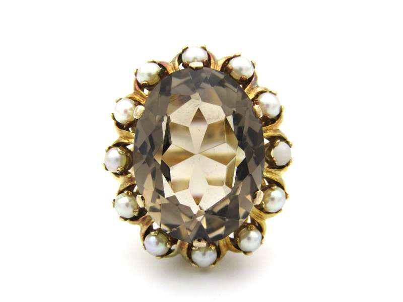 9K gold smoky quartz and pearl ring by Zeeta, circa 1950's.