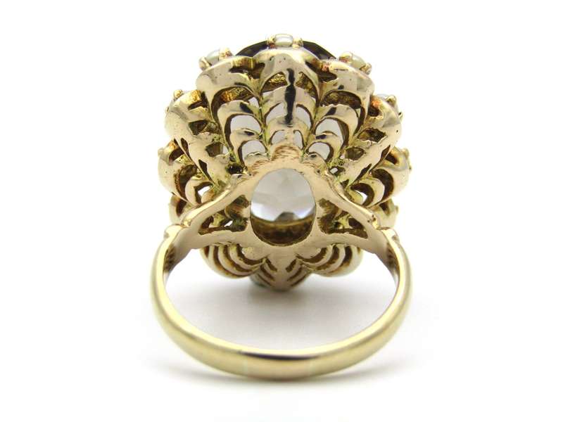 9K gold smoky quartz and pearl ring by Zeeta, circa 1950's.