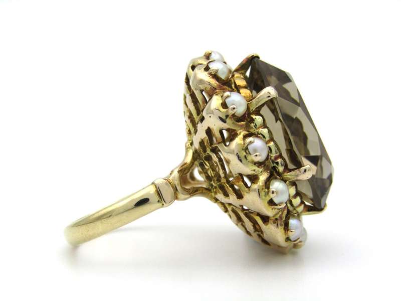 9K gold smoky quartz and pearl ring by Zeeta, circa 1950's.