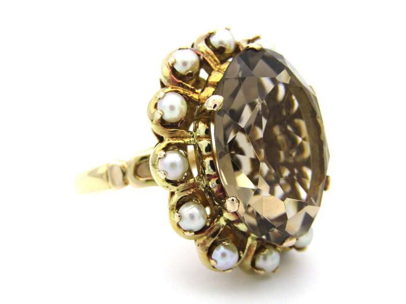 9K gold smoky quartz and pearl ring by Zeeta, circa 1950's.