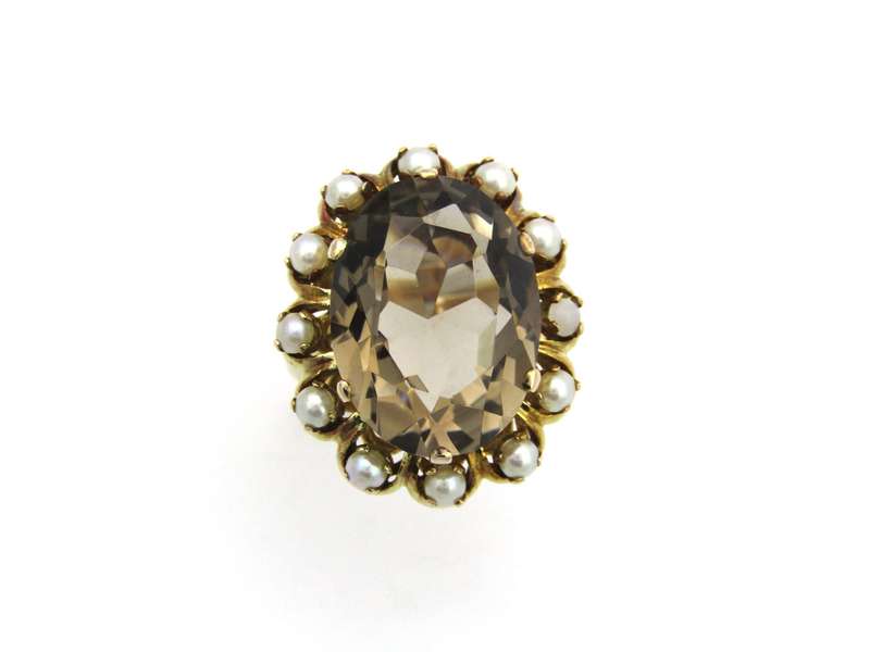 9K gold smoky quartz and pearl ring by Zeeta, circa 1950's.