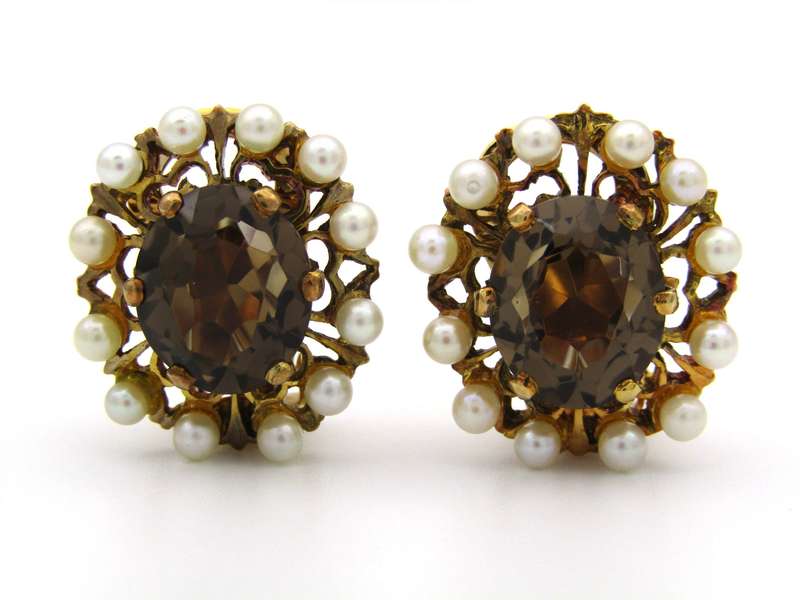 9K gold smoky quartz and pearl clip-on earrings, circa 1950's.