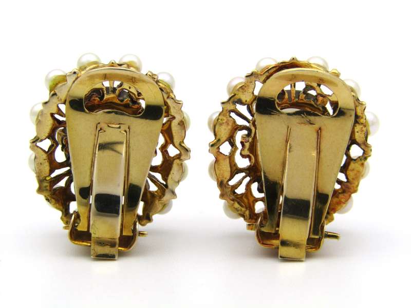 9K gold smoky quartz and pearl clip-on earrings, circa 1950's.