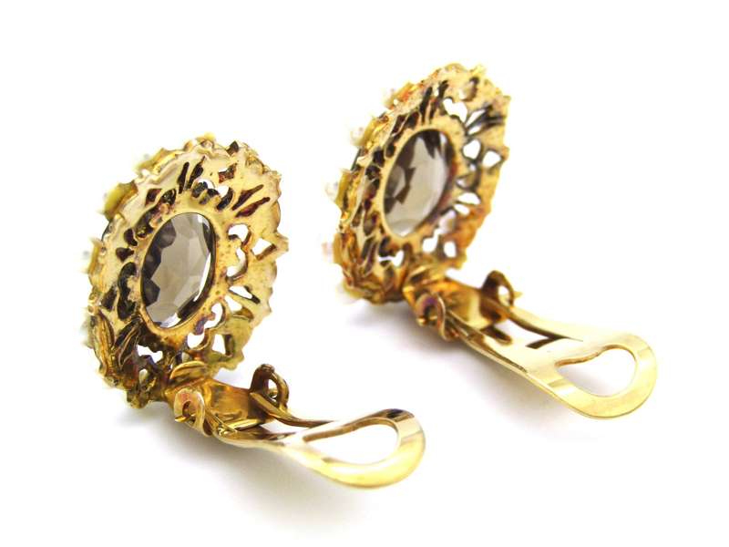 9K gold smoky quartz and pearl clip-on earrings, circa 1950's.