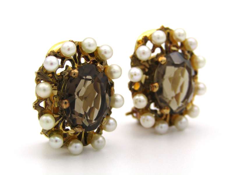 9K gold smoky quartz and pearl clip-on earrings, circa 1950's.