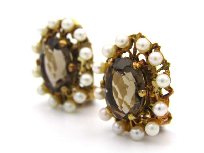 9K gold smoky quartz and pearl clip-on earrings, circa 1950's.