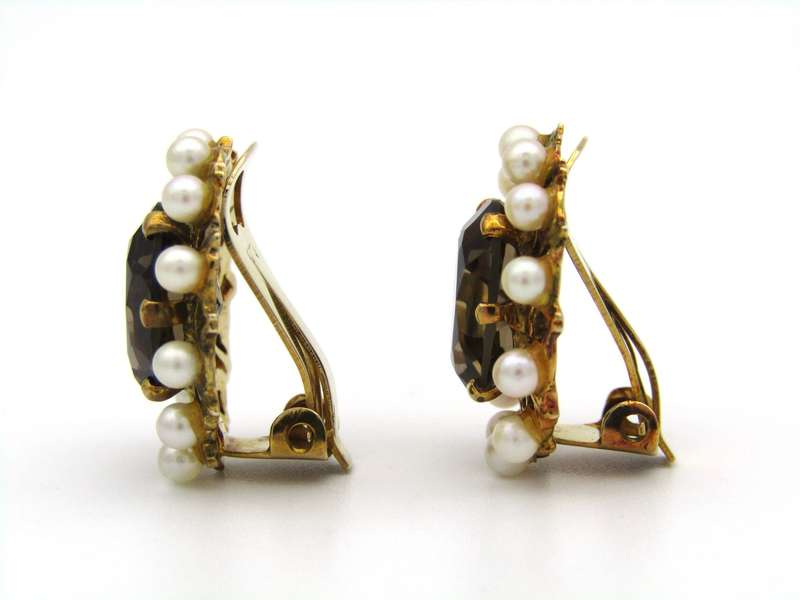 9K gold smoky quartz and pearl clip-on earrings, circa 1950's.