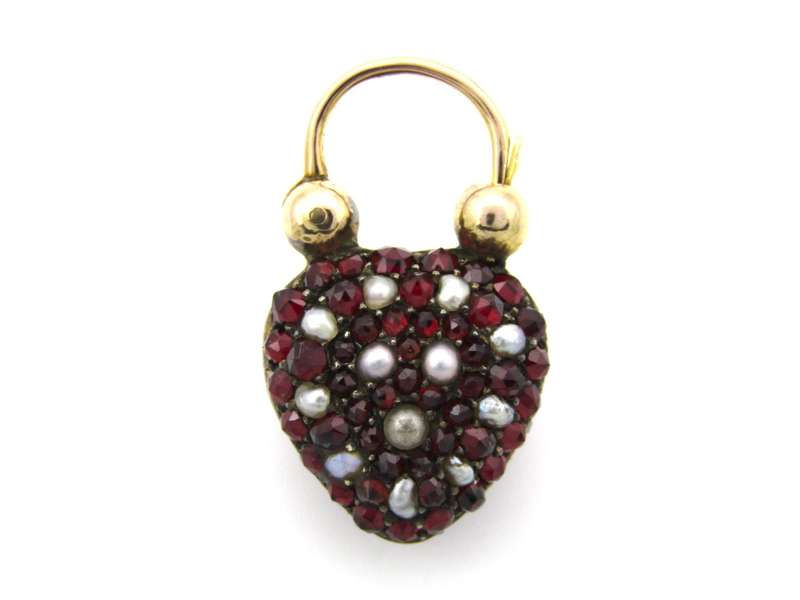9K gold Victorian opal, garnet, seed pearl, and diamond locket and padlock clasp, circa 1850's.