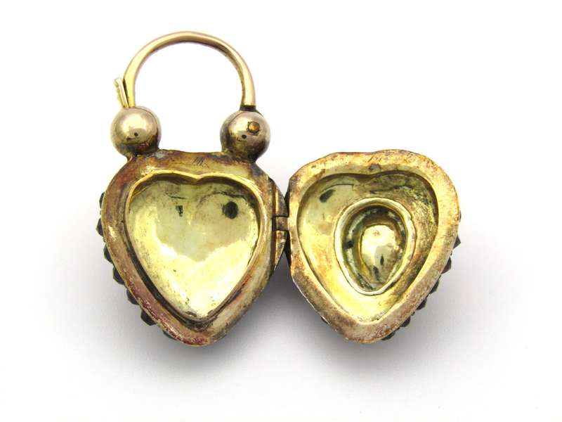 9K gold Victorian opal, garnet, seed pearl, and diamond locket and padlock clasp, circa 1850's.