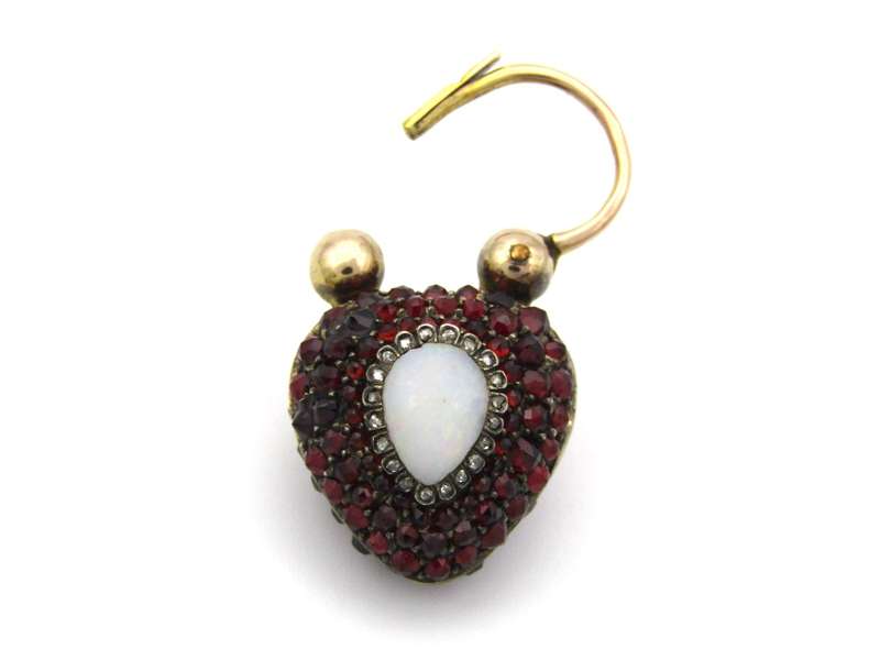 9K gold Victorian opal, garnet, seed pearl, and diamond locket and padlock clasp, circa 1850's.