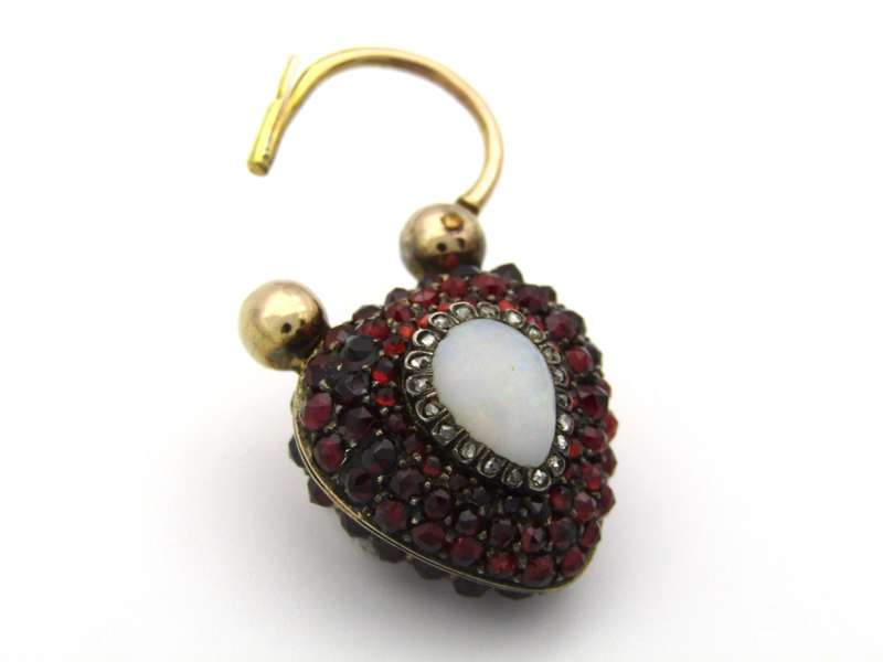 9K gold Victorian opal, garnet, seed pearl, and diamond locket and padlock clasp, circa 1850's.