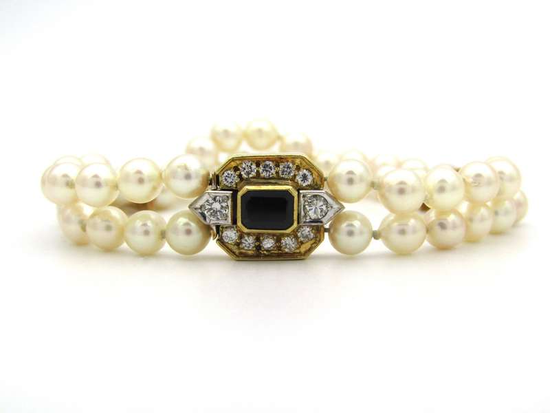 18K gold sapphire and diamond double strand Akoya cultured pearl bracelet, circa 1970's.