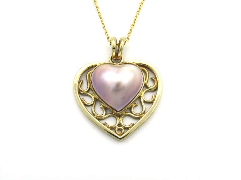 9K gold pink mabe pearl filigree heart pendant.