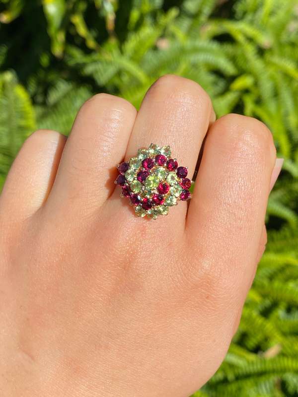 14K gold peridot and ruby ring.