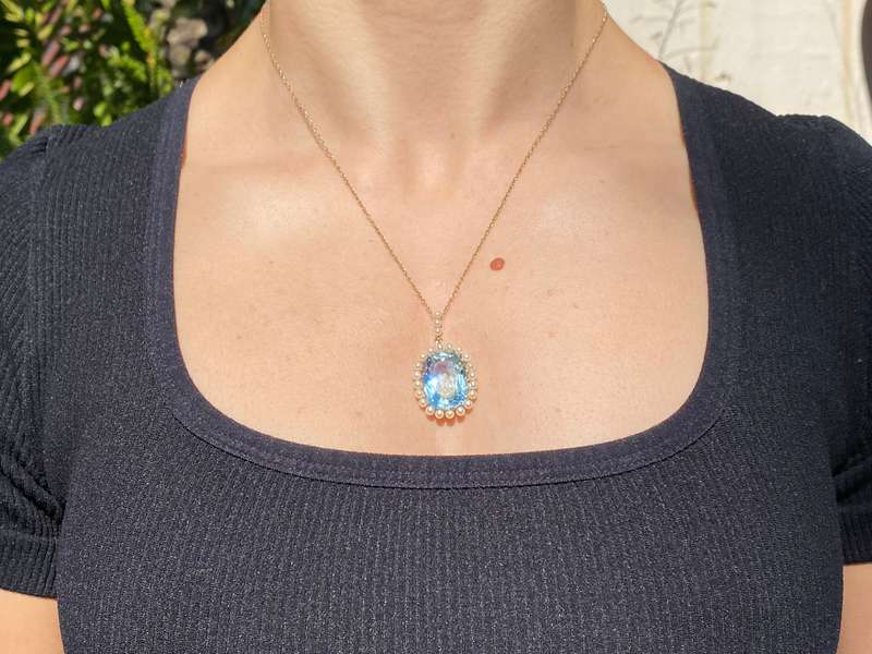 14K gold Victorian aquamarine and seed pearl pendant, circa 1880.