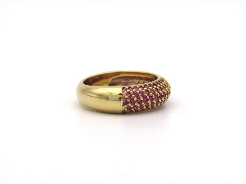 18K gold pav ruby bombe ring.