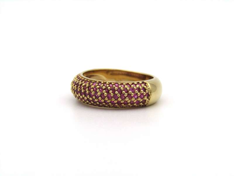 18K gold pav ruby bombe ring.