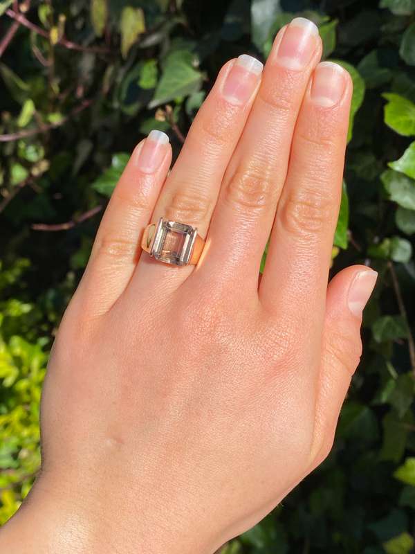 9K gold smoky quartz ring, circa 1970's.