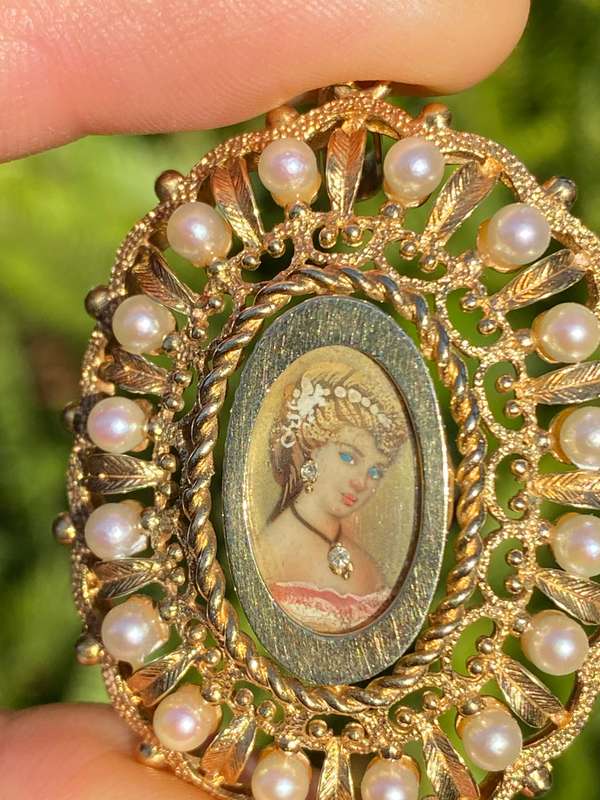 14K gold seed pearl hand painted miniature pendant, circa 1900.