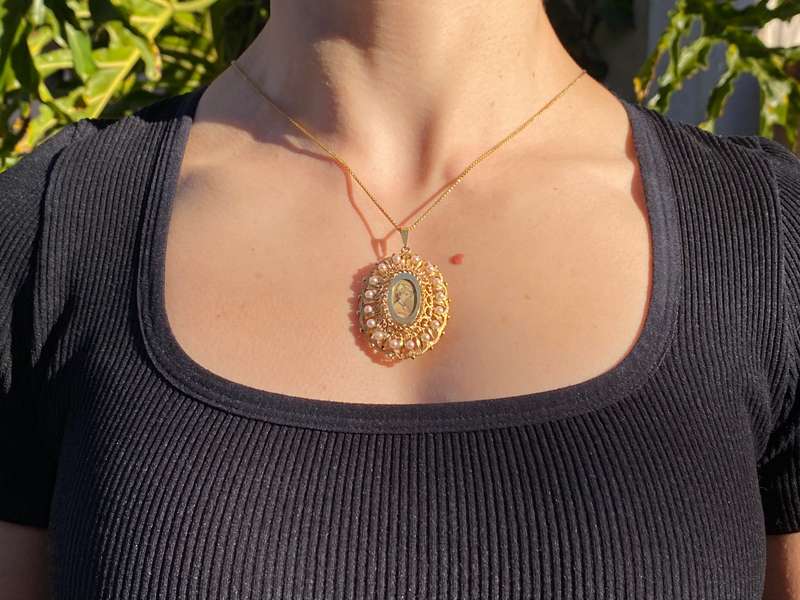 14K gold seed pearl hand painted miniature pendant, circa 1900.