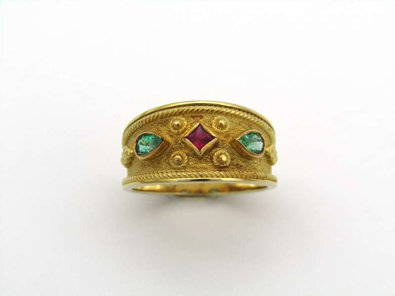 14K gold ruby and emerald ring.