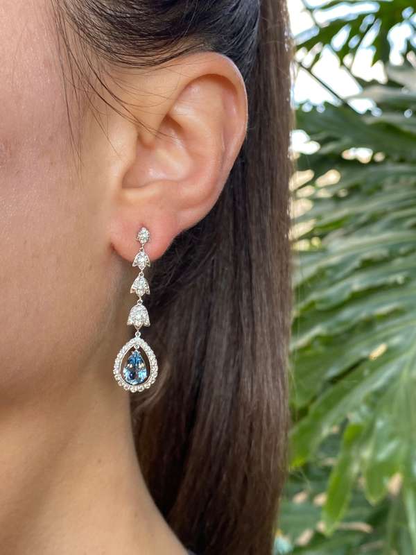 18K gold aquamarine and diamond drop earrings.