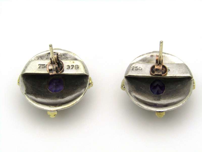 A pair of 18K and 9K gold amethyst earrings.