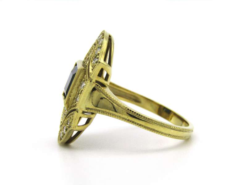 14K gold Art Deco style sapphire and diamond ring.