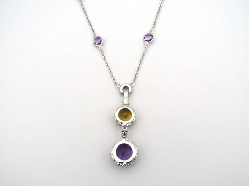 18K gold amethyst, citrine, and diamond necklace.