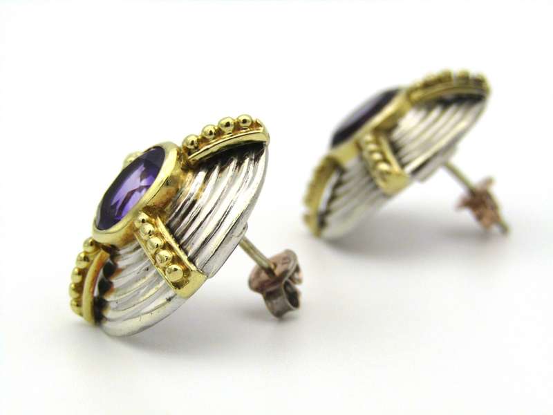 A pair of 18K and 9K gold amethyst earrings.