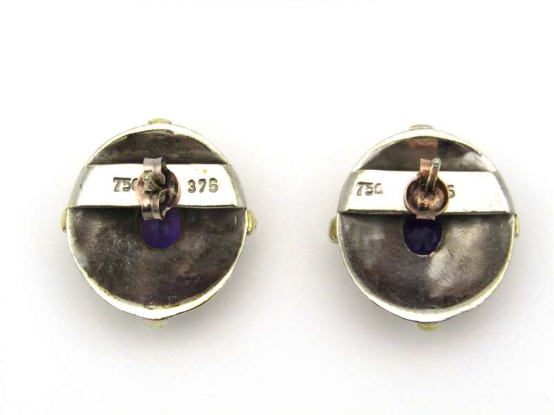 A pair of 18K and 9K gold amethyst earrings.