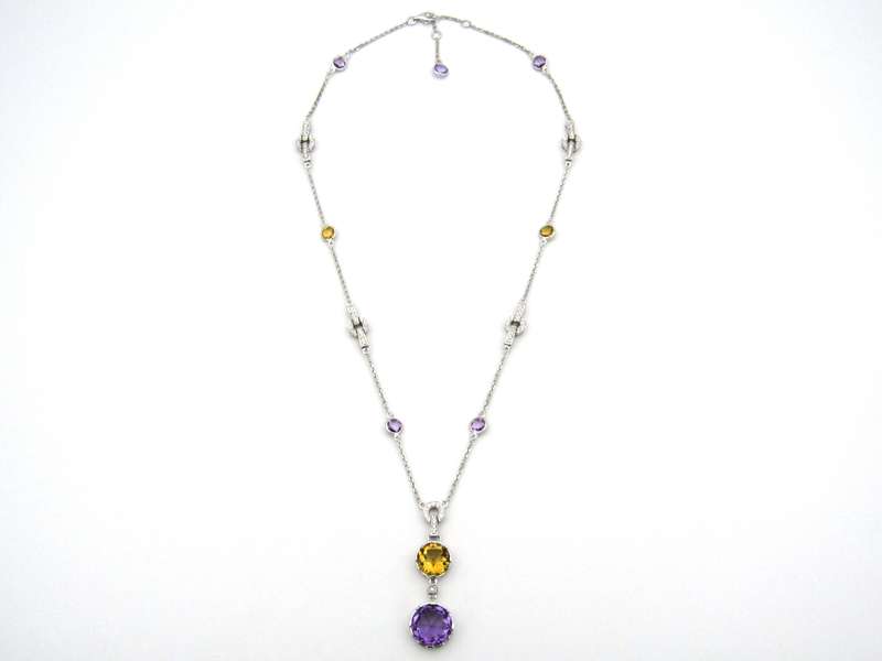 18K gold amethyst, citrine, and diamond necklace.
