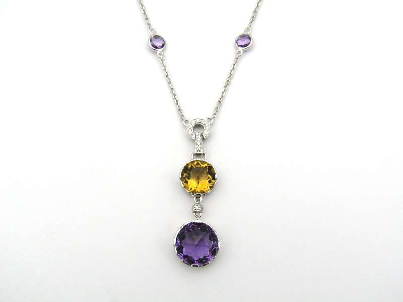 18K gold amethyst, citrine, and diamond necklace.
