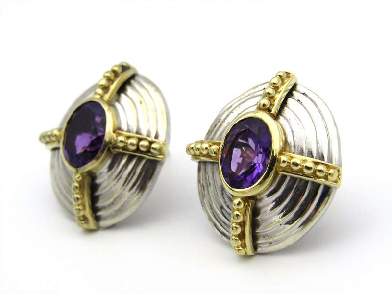 A pair of 18K and 9K gold amethyst earrings.