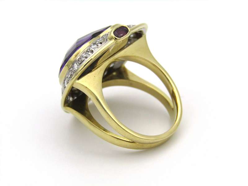 18K gold amethyst, diamond, and ruby ring.