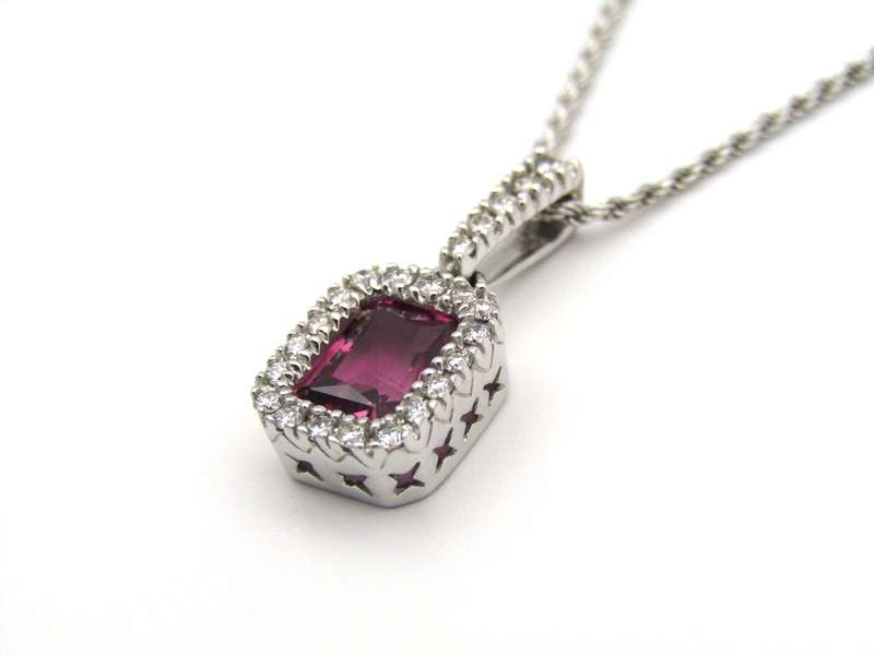 14K white gold Pink Tourmaline and diamonds pendant.
