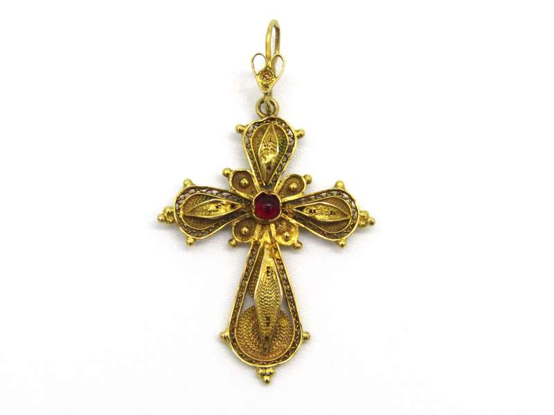 18kt gold filigree ruby cross, Circa 1940.