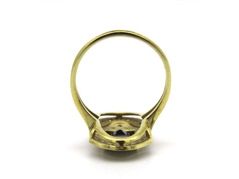 14K gold Art Deco style sapphire and diamond ring.