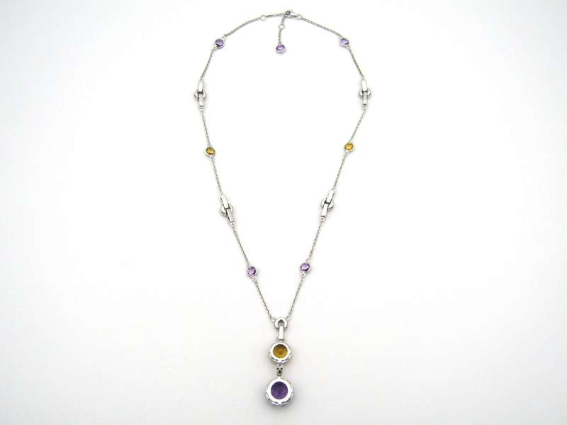 18K gold amethyst, citrine, and diamond necklace.