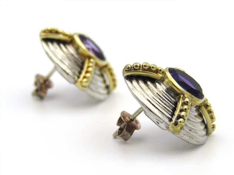 A pair of 18K and 9K gold amethyst earrings.