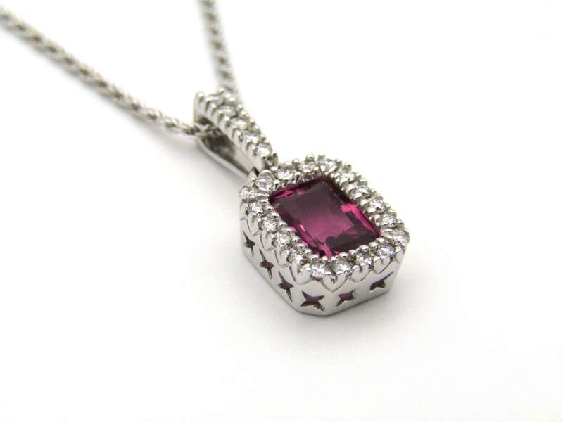 14K white gold Pink Tourmaline and diamonds pendant.