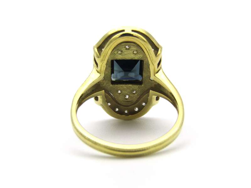 14K gold Art Deco style sapphire and diamond ring.