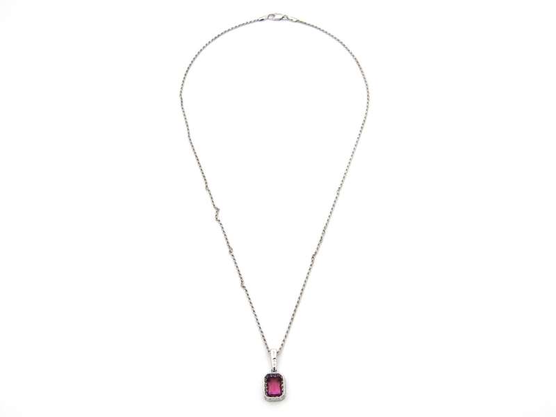 14K white gold Pink Tourmaline and diamonds pendant.